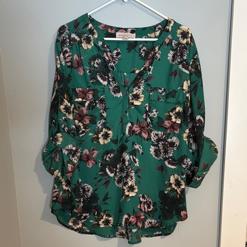 Philosophy Satiny Green Flowy Floral Roll Tab Sleeve Blouse Boho Plus Size 2X